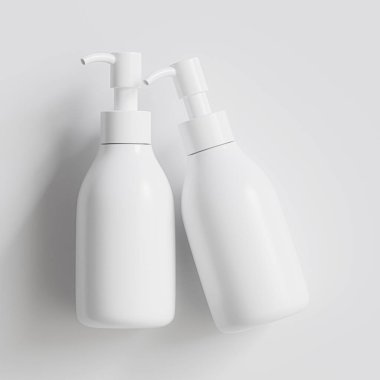 Plastik şişe pompası, gri arka planda gerçekçi 3D çizim