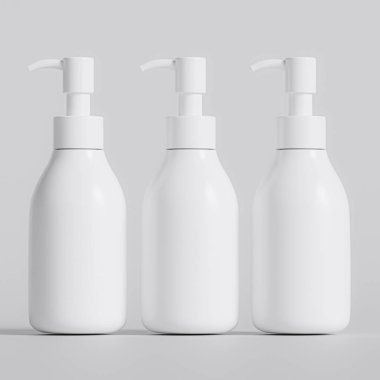 Plastik şişe pompası, gri arka planda gerçekçi 3D çizim