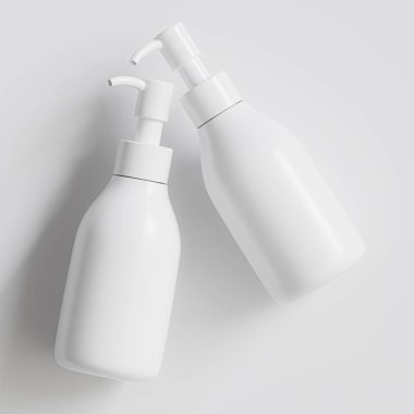 Plastik şişe pompası, gri arka planda gerçekçi 3D çizim