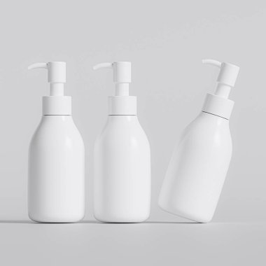 Plastik şişe pompası, gri arka planda gerçekçi 3D çizim