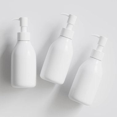 Plastik şişe pompası, gri arka planda gerçekçi 3D çizim