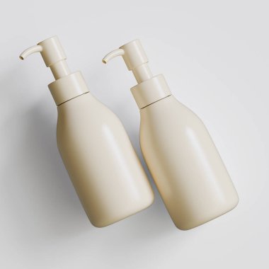 Plastik şişe pompası, gri arka planda gerçekçi 3D çizim