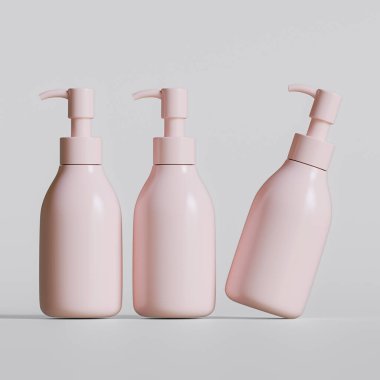 Plastik şişe pompası, gri arka planda gerçekçi 3D çizim