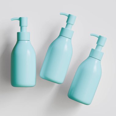 Plastik şişe pompası, gri arka planda gerçekçi 3D çizim