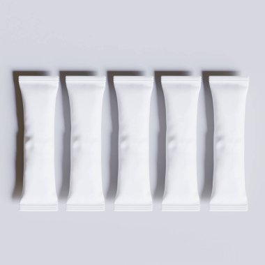 Tuz, şeker, kahve ve diğer yiyecekler için gerçekçi çubuk ambalajı. Model koleksiyonu için 3d resimleme