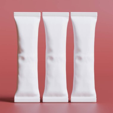 Tuz, şeker, kahve ve diğer yiyecekler için gerçekçi çubuk ambalajı. Model koleksiyonu için 3d resimleme