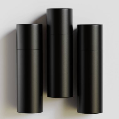 Gerçekçi kağıt tüp siyah renk gerçekçi dokusu gri arkaplanda izole edilmiş 3D çizim