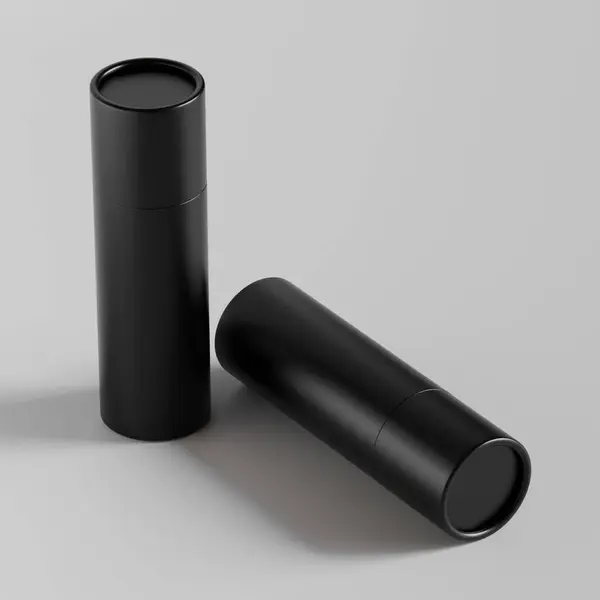 Gerçekçi kağıt tüp siyah renk gerçekçi dokusu gri arkaplanda izole edilmiş 3D çizim
