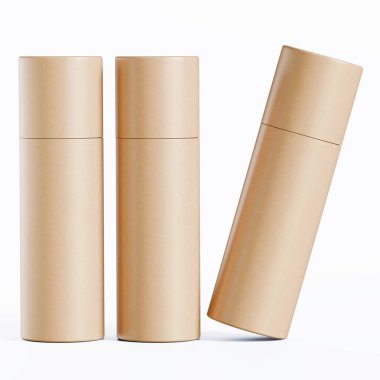Gerçekçi kağıt tüp paketleme 3 boyutlu resimleme beyaz arkaplanda izole edildi