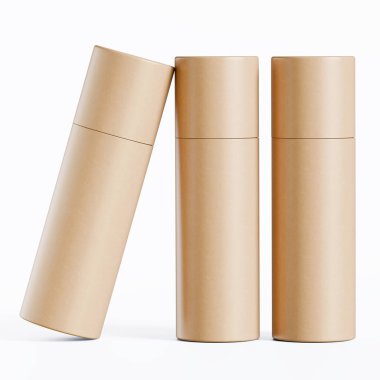 Gerçekçi kağıt tüp paketleme 3 boyutlu resimleme beyaz arkaplanda izole edildi