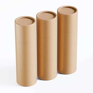 Gerçekçi kağıt tüp paketleme 3 boyutlu resimleme beyaz arkaplanda izole edildi