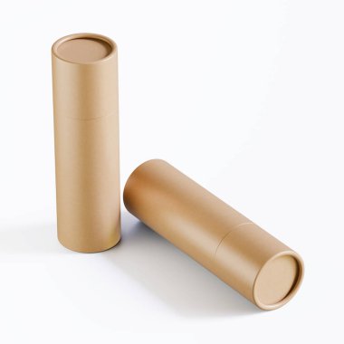 Gerçekçi kağıt tüp paketleme 3 boyutlu resimleme beyaz arkaplanda izole edildi