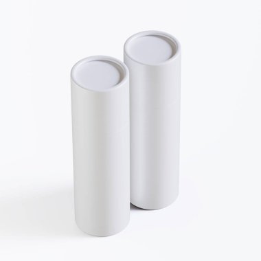 Gerçekçi kağıt tüp paketleme 3 boyutlu resimleme beyaz arkaplanda izole edildi