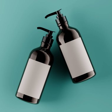 Pompalı gerçekçi kozmetik şişesi ve 3 boyutlu boş etiket çizimi