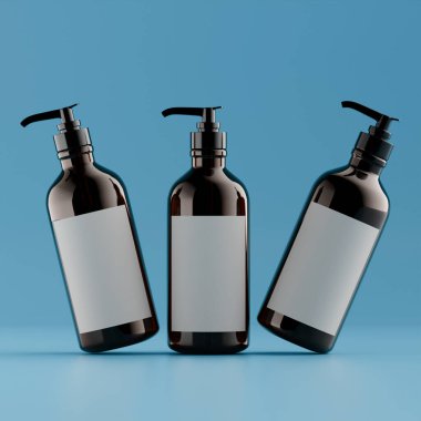 Pompalı gerçekçi kozmetik şişesi ve 3 boyutlu boş etiket çizimi