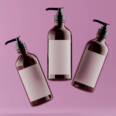 Pompalı gerçekçi kozmetik şişesi ve 3 boyutlu boş etiket çizimi