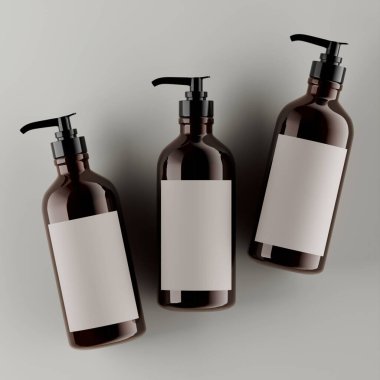 Pompalı gerçekçi kozmetik şişesi ve 3 boyutlu boş etiket çizimi