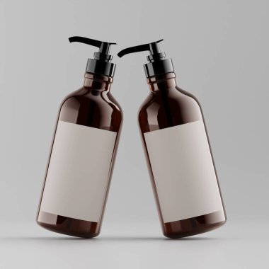 Pompalı gerçekçi kozmetik şişesi ve 3 boyutlu boş etiket çizimi