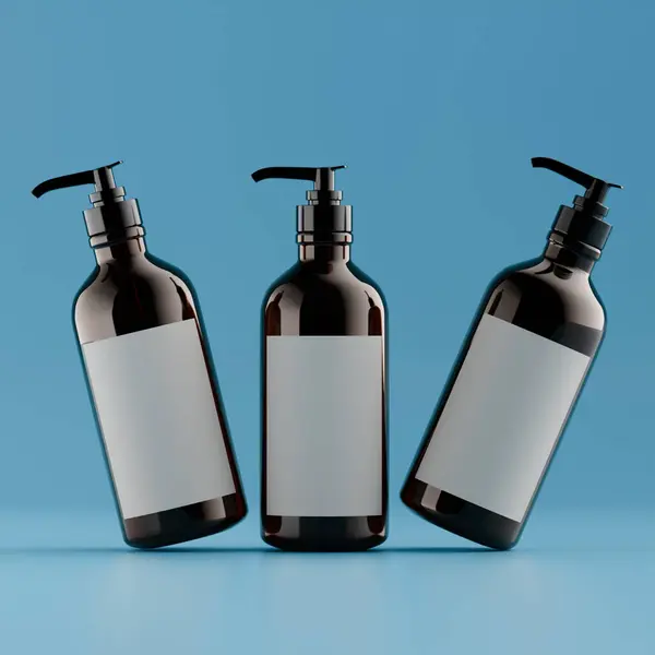 Pompalı gerçekçi kozmetik şişesi ve 3 boyutlu boş etiket çizimi