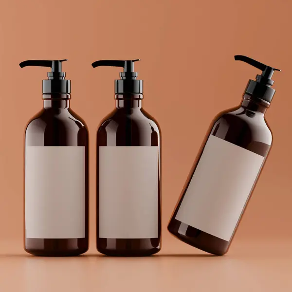 Pompalı gerçekçi kozmetik şişesi ve 3 boyutlu boş etiket çizimi