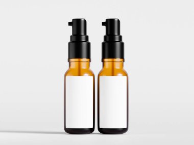 Doğal kozmetik şişeleri kahverengi renkli ve siyah kapaklı. Sahte etiket koleksiyonu için boş.