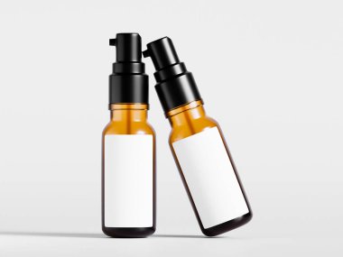 Doğal kozmetik şişeleri kahverengi renkli ve siyah kapaklı. Sahte etiket koleksiyonu için boş.