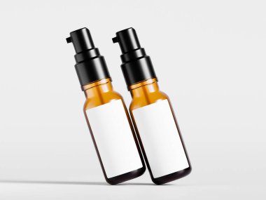 Doğal kozmetik şişeleri kahverengi renkli ve siyah kapaklı. Sahte etiket koleksiyonu için boş.