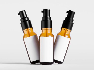 Doğal kozmetik şişeleri kahverengi renkli ve siyah kapaklı. Sahte etiket koleksiyonu için boş.