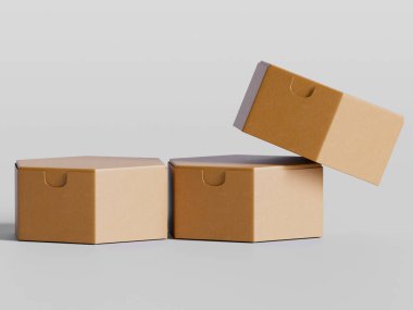 Beyaz arkaplanda izole edilmiş altıgen kutu kahverengi renk. 3d resimleme