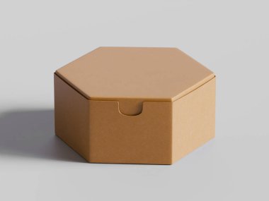 Beyaz arkaplanda izole edilmiş altıgen kutu kahverengi renk. 3d resimleme