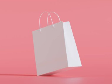 Beyaz panelli yüzen kağıt bir alışveriş çantasının gerçekçi bir 3 boyutlu görüntüsü, doğal ışıklandırma ve yumuşak gölgelerin yer aldığı, sıcak bej bir arka plan üzerine kurulmuş. Çantanın sapı bükülmüş.