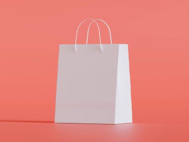 Beyaz panelli yüzen kağıt bir alışveriş çantasının gerçekçi bir 3 boyutlu görüntüsü, doğal ışıklandırma ve yumuşak gölgelerin yer aldığı, sıcak bej bir arka plan üzerine kurulmuş. Çantanın sapı bükülmüş.