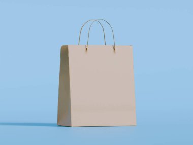 Beyaz panelli yüzen kağıt bir alışveriş çantasının gerçekçi bir 3 boyutlu görüntüsü, doğal ışıklandırma ve yumuşak gölgelerin yer aldığı, sıcak bej bir arka plan üzerine kurulmuş. Çantanın sapı bükülmüş.