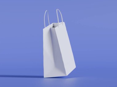 Beyaz panelli yüzen kağıt bir alışveriş çantasının gerçekçi bir 3 boyutlu görüntüsü, doğal ışıklandırma ve yumuşak gölgelerin yer aldığı, sıcak bej bir arka plan üzerine kurulmuş. Çantanın sapı bükülmüş.