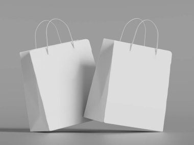 Beyaz panelli yüzen kağıt bir alışveriş çantasının gerçekçi bir 3 boyutlu görüntüsü, doğal ışıklandırma ve yumuşak gölgelerin yer aldığı, sıcak bej bir arka plan üzerine kurulmuş. Çantanın sapı bükülmüş.