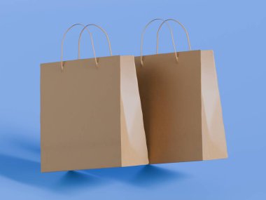 Beyaz panelli yüzen kağıt bir alışveriş çantasının gerçekçi bir 3 boyutlu görüntüsü, doğal ışıklandırma ve yumuşak gölgelerin yer aldığı, sıcak bej bir arka plan üzerine kurulmuş. Çantanın sapı bükülmüş.