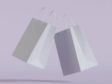 Beyaz panelli yüzen kağıt bir alışveriş çantasının gerçekçi bir 3 boyutlu görüntüsü, doğal ışıklandırma ve yumuşak gölgelerin yer aldığı, sıcak bej bir arka plan üzerine kurulmuş. Çantanın sapı bükülmüş.
