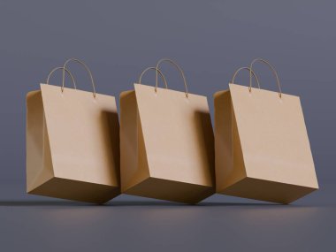Beyaz panelli yüzen kağıt bir alışveriş çantasının gerçekçi bir 3 boyutlu görüntüsü, doğal ışıklandırma ve yumuşak gölgelerin yer aldığı, sıcak bej bir arka plan üzerine kurulmuş. Çantanın sapı bükülmüş.
