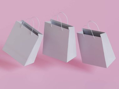 Beyaz panelli yüzen kağıt bir alışveriş çantasının gerçekçi bir 3 boyutlu görüntüsü, doğal ışıklandırma ve yumuşak gölgelerin yer aldığı, sıcak bej bir arka plan üzerine kurulmuş. Çantanın sapı bükülmüş.