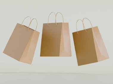 Beyaz panelli yüzen kağıt bir alışveriş çantasının gerçekçi bir 3 boyutlu görüntüsü, doğal ışıklandırma ve yumuşak gölgelerin yer aldığı, sıcak bej bir arka plan üzerine kurulmuş. Çantanın sapı bükülmüş.