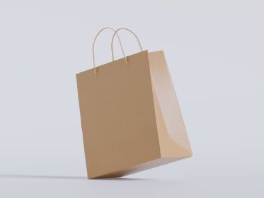 Beyaz panelli yüzen kağıt bir alışveriş çantasının gerçekçi bir 3 boyutlu görüntüsü, doğal ışıklandırma ve yumuşak gölgelerin yer aldığı, sıcak bej bir arka plan üzerine kurulmuş. Çantanın sapı bükülmüş.