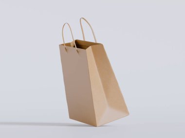 Beyaz panelli yüzen kağıt bir alışveriş çantasının gerçekçi bir 3 boyutlu görüntüsü, doğal ışıklandırma ve yumuşak gölgelerin yer aldığı, sıcak bej bir arka plan üzerine kurulmuş. Çantanın sapı bükülmüş.