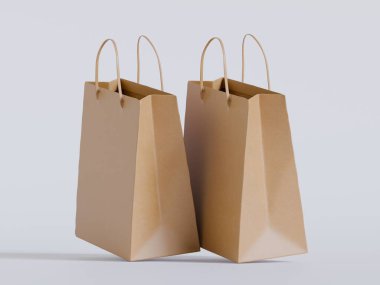 Beyaz panelli yüzen kağıt bir alışveriş çantasının gerçekçi bir 3 boyutlu görüntüsü, doğal ışıklandırma ve yumuşak gölgelerin yer aldığı, sıcak bej bir arka plan üzerine kurulmuş. Çantanın sapı bükülmüş.