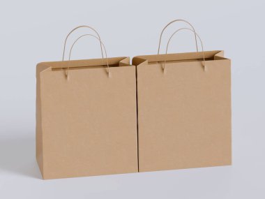 Beyaz panelli yüzen kağıt bir alışveriş çantasının gerçekçi bir 3 boyutlu görüntüsü, doğal ışıklandırma ve yumuşak gölgelerin yer aldığı, sıcak bej bir arka plan üzerine kurulmuş. Çantanın sapı bükülmüş.