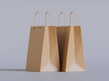 Beyaz panelli yüzen kağıt bir alışveriş çantasının gerçekçi bir 3 boyutlu görüntüsü, doğal ışıklandırma ve yumuşak gölgelerin yer aldığı, sıcak bej bir arka plan üzerine kurulmuş. Çantanın sapı bükülmüş.