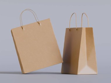 Beyaz panelli yüzen kağıt bir alışveriş çantasının gerçekçi bir 3 boyutlu görüntüsü, doğal ışıklandırma ve yumuşak gölgelerin yer aldığı, sıcak bej bir arka plan üzerine kurulmuş. Çantanın sapı bükülmüş.
