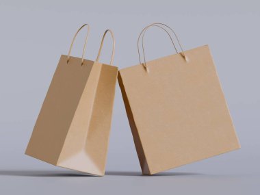 Beyaz panelli yüzen kağıt bir alışveriş çantasının gerçekçi bir 3 boyutlu görüntüsü, doğal ışıklandırma ve yumuşak gölgelerin yer aldığı, sıcak bej bir arka plan üzerine kurulmuş. Çantanın sapı bükülmüş.