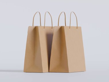 Beyaz panelli yüzen kağıt bir alışveriş çantasının gerçekçi bir 3 boyutlu görüntüsü, doğal ışıklandırma ve yumuşak gölgelerin yer aldığı, sıcak bej bir arka plan üzerine kurulmuş. Çantanın sapı bükülmüş.