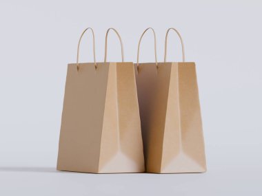 Beyaz panelli yüzen kağıt bir alışveriş çantasının gerçekçi bir 3 boyutlu görüntüsü, doğal ışıklandırma ve yumuşak gölgelerin yer aldığı, sıcak bej bir arka plan üzerine kurulmuş. Çantanın sapı bükülmüş.