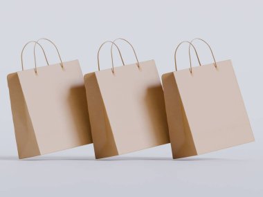 Beyaz panelli yüzen kağıt bir alışveriş çantasının gerçekçi bir 3 boyutlu görüntüsü, doğal ışıklandırma ve yumuşak gölgelerin yer aldığı, sıcak bej bir arka plan üzerine kurulmuş. Çantanın sapı bükülmüş.
